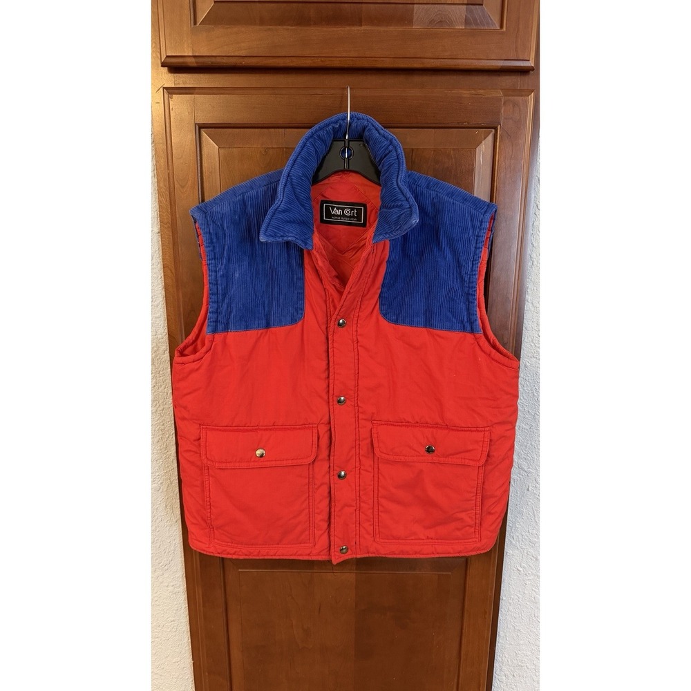 Vintage Puffer Vest Red Blue Corduroy Puffy Sz Large Van Cort